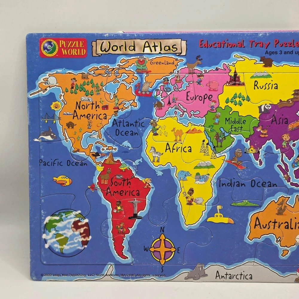 Puzzle‎ World Tray Puzzle Kids Multicolor Geography World Atlas USA Map Vintage